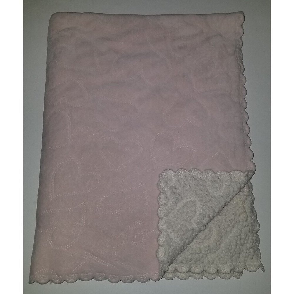 Mon Lapin Pink Hearts Fleece Baby Blanket Lovey White Sherpa Scalloped Edges